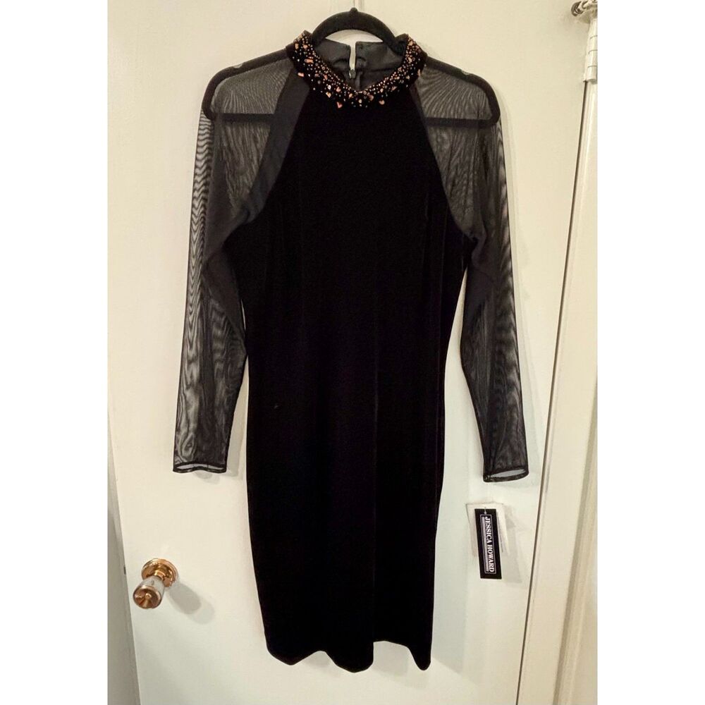 Jessica Howard 90s NWT W Blk Sz 12 Velvet Illusion Slv Halter Dress Beaded Neck